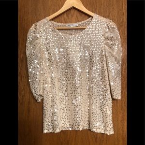 Zara Ecru Sequinned Top short sleeves size L